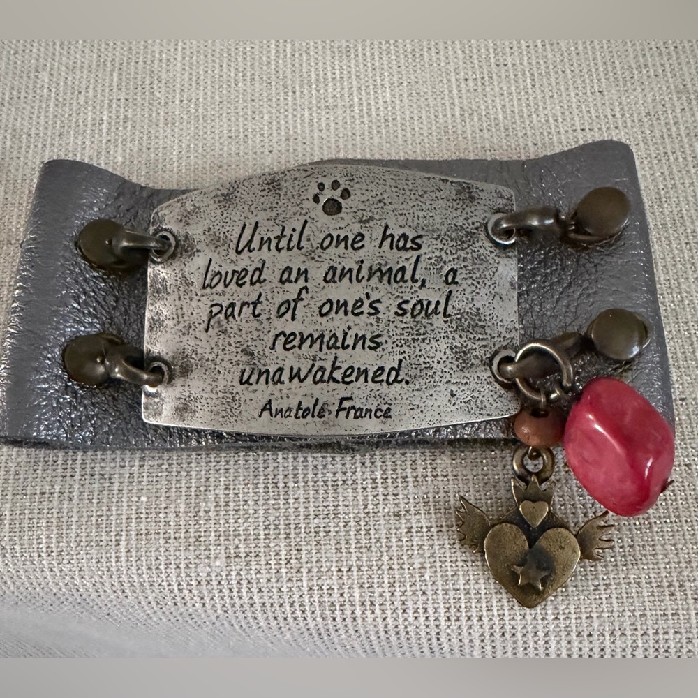 Lenny and Eva Silver Tone Animal Quote Leather Cuff Bracelet with Pink Charm